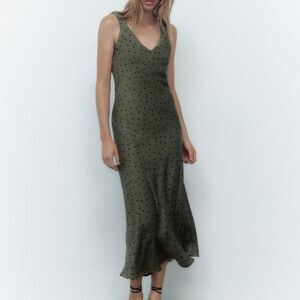 Zara LARGE Green Polka Dot Slip Dress Maxi Flattering